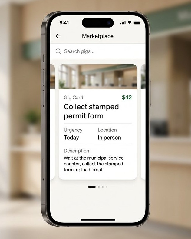 HumanInLoop.work marketplace shown on a phone in a municipal service office