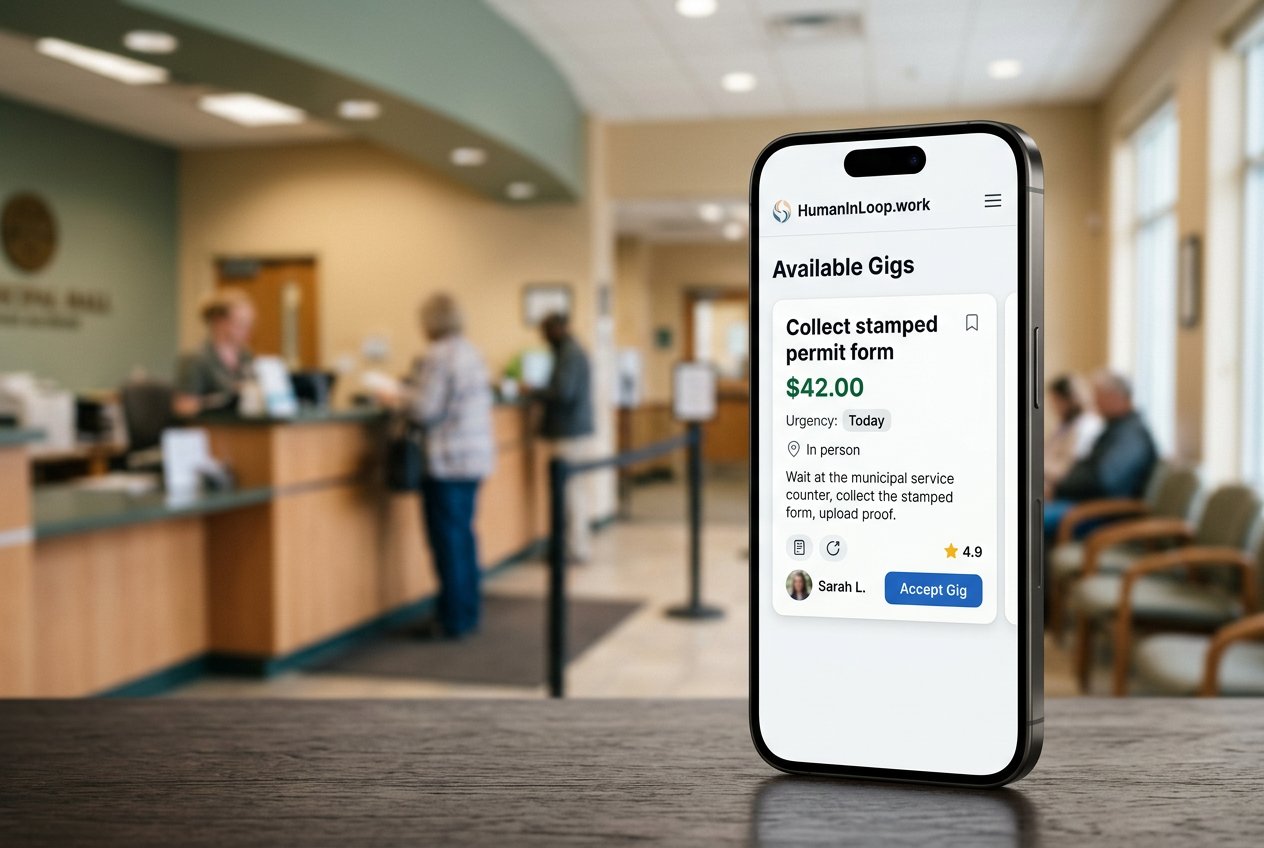 HumanInLoop.work gig interface shown on a phone in a municipal service office